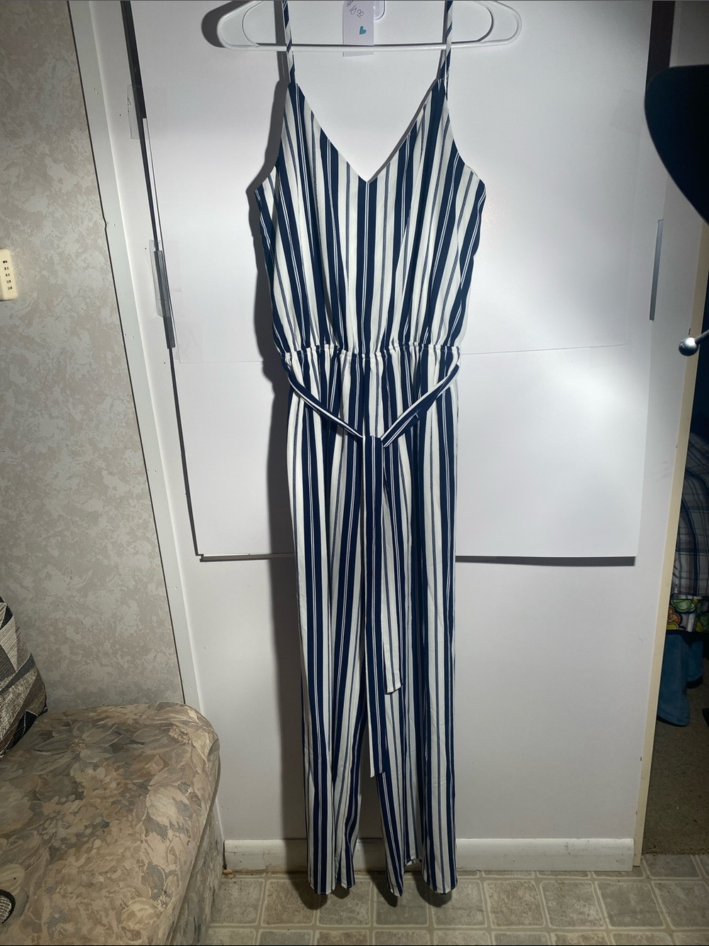 Striped Navy and White Spaghetti-Strap Jumpsuit